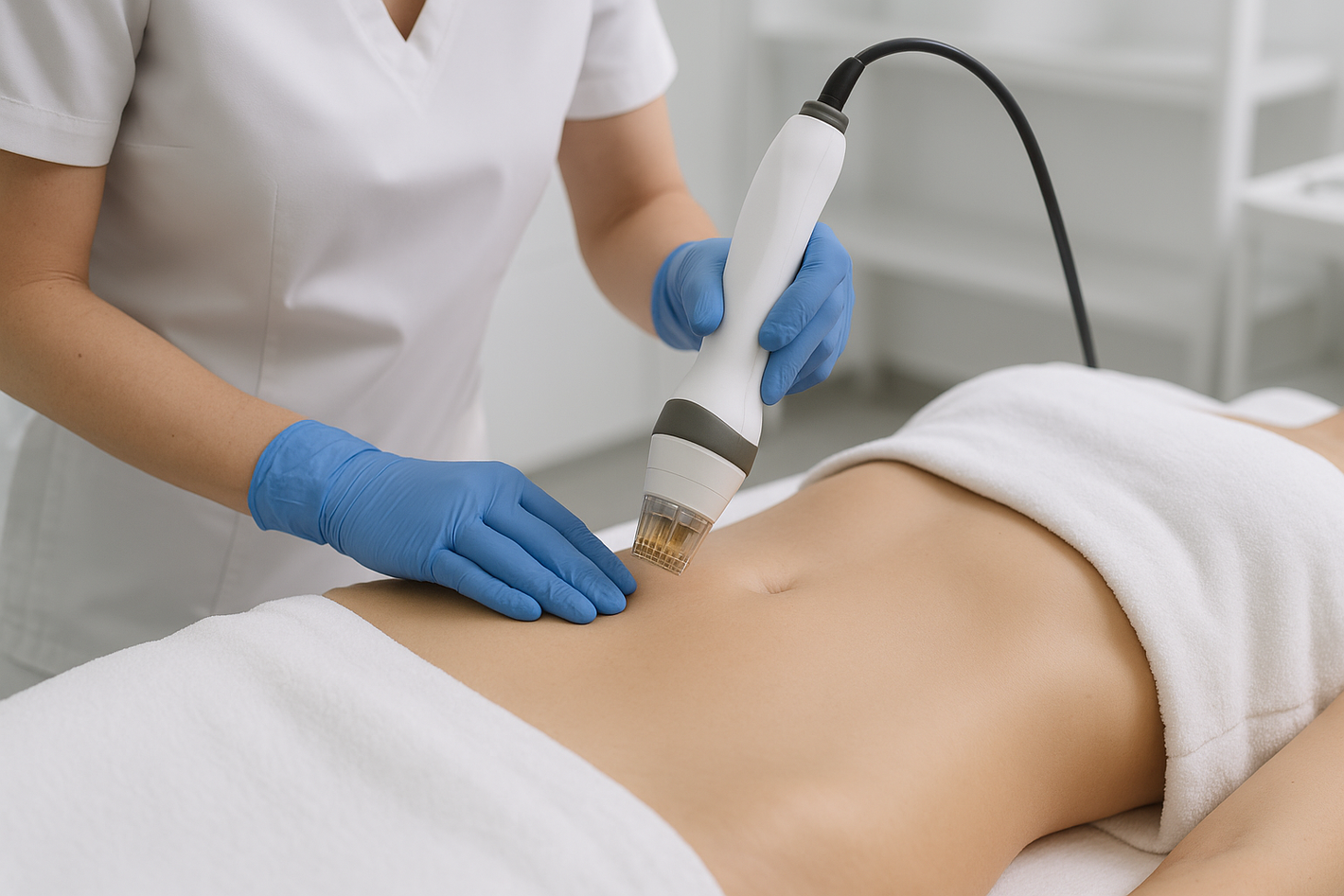 rf skin needling being preformed on stomach 